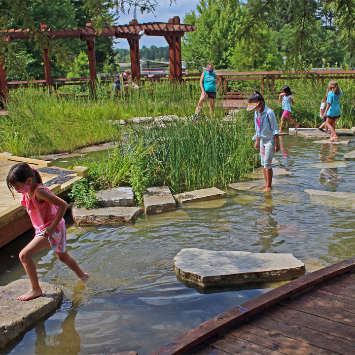 Children playing in wonder pond in the children's garden in summer
