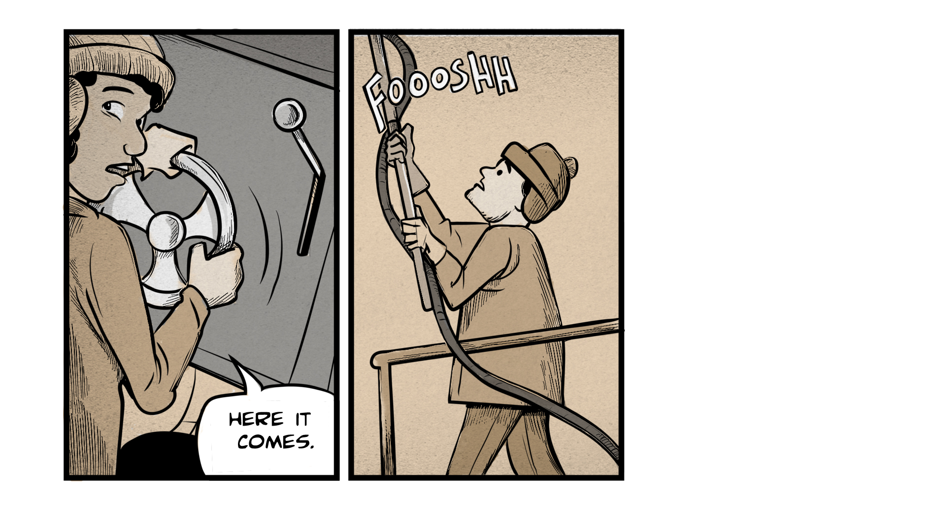Left frame shows a woman wearing a winter hat turns a large wheel and saying, 