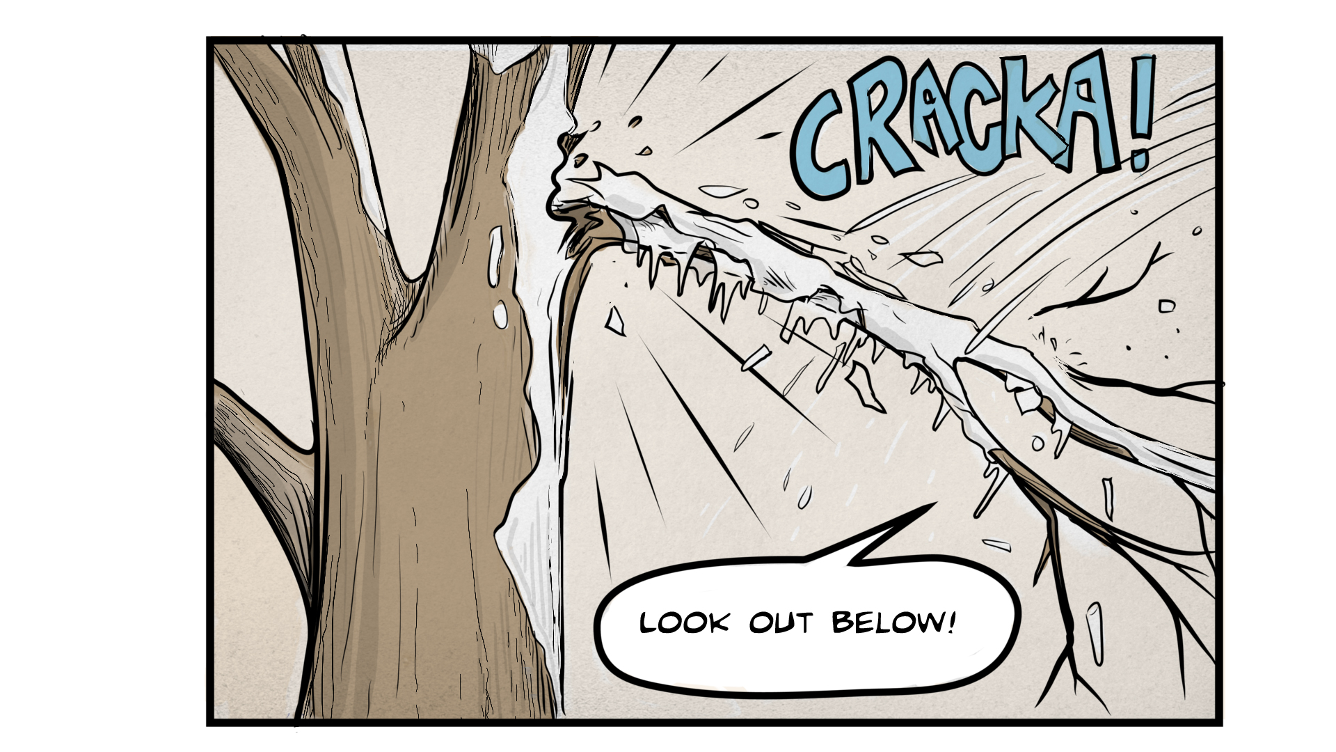 A snow- and ice-covered tree branch breaks off from a large tree, making a 