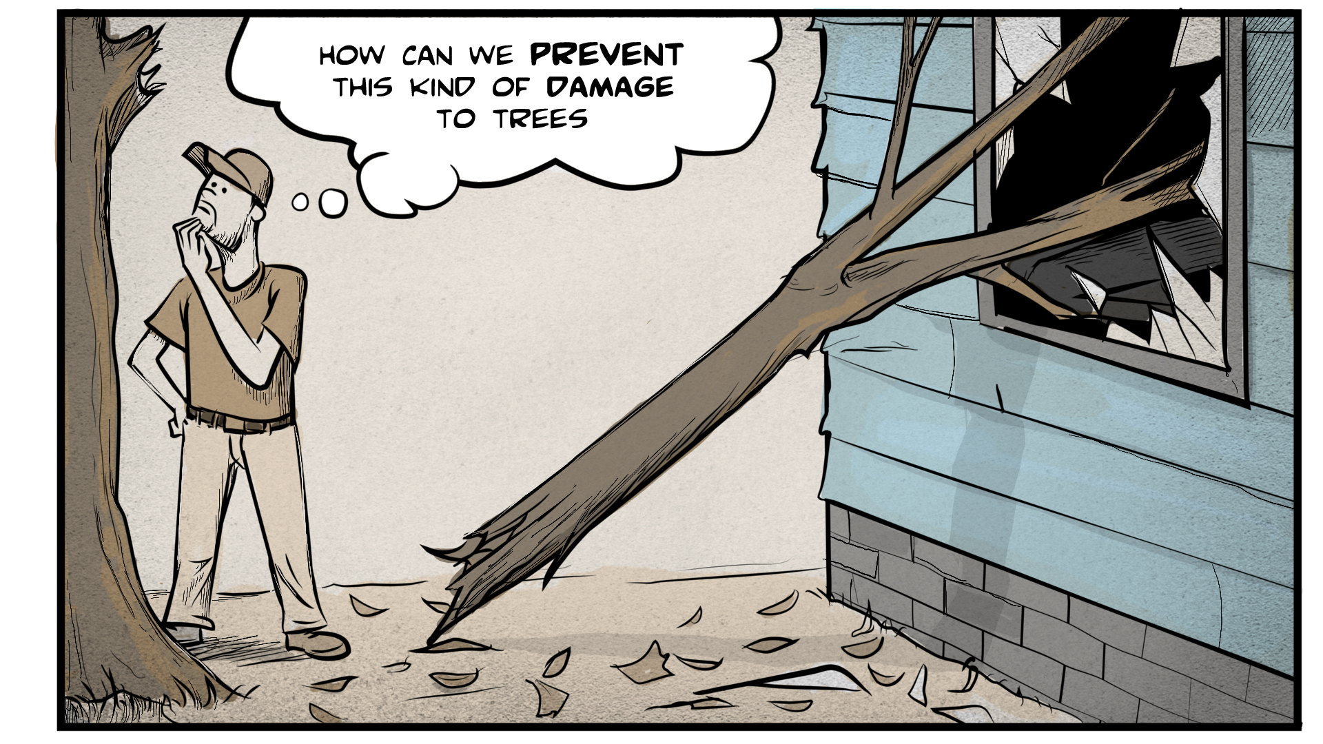 Danny stands scratching his chin, looking at a broken tree branch which has smashed through a window. He thinks to himself, 