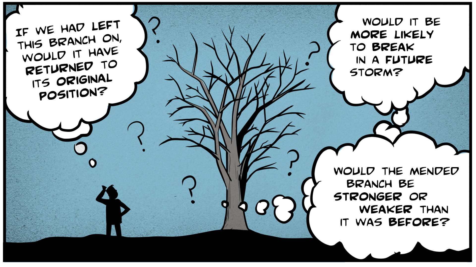 Danny, in silhouette, stands next to a tree, scratching his head. He thinks, 