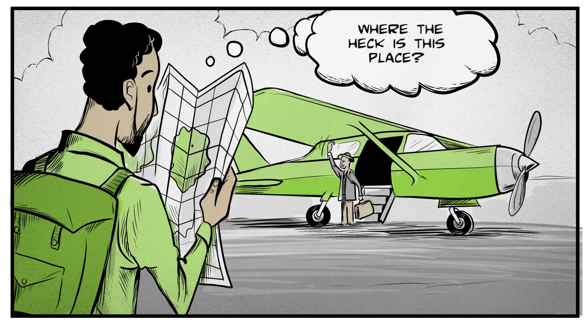 A man wearing a backpack consults a map. He thinks to himself, 