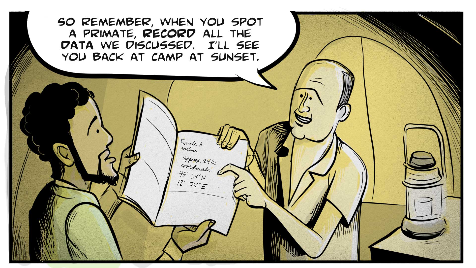 Felix is showing the notebook to his professor. The professor points to something he's written and says, 