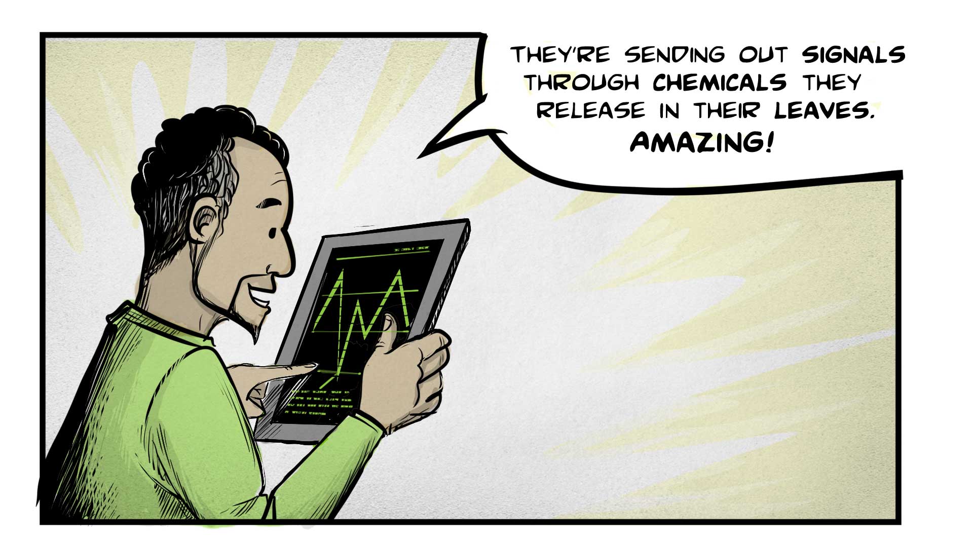 Felix looks at a tablet displaying a chart. He points and says, 