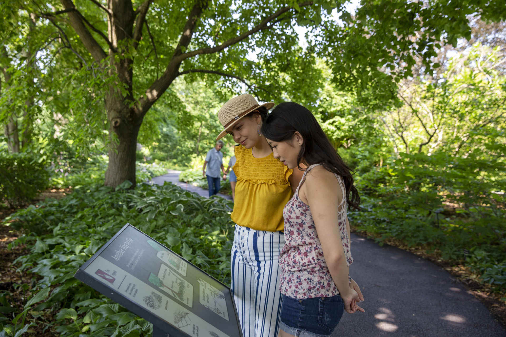 Two women pause to read an educational panel in the Ground Cover Garden.