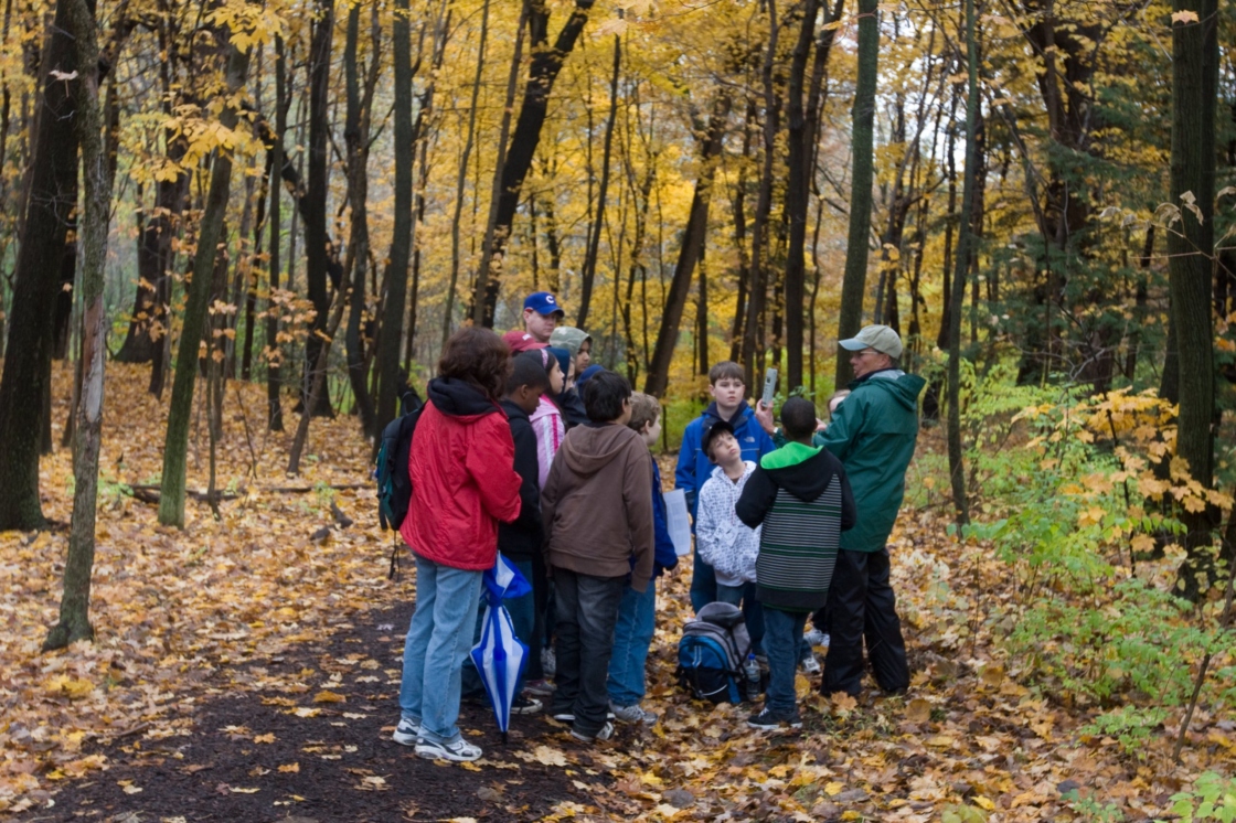 Group of students with teacher in fall woods