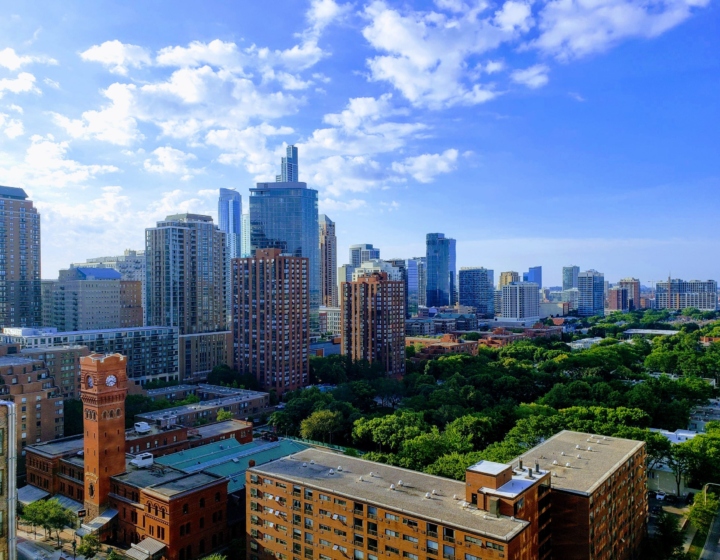 Chicago skyline with trees in summer