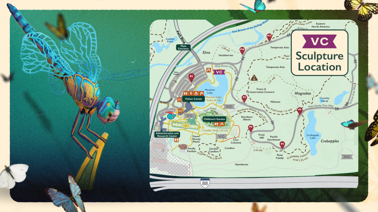 Artist's rendering of Nimbly the blue dasher dragonfly and a map showing sculpture locations.